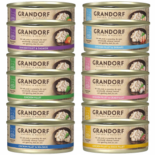 GRANDORF zdravé mokré krmivo pre mačky, mix príchutí Kuracie mäso 12 x 70g, bez obilnín